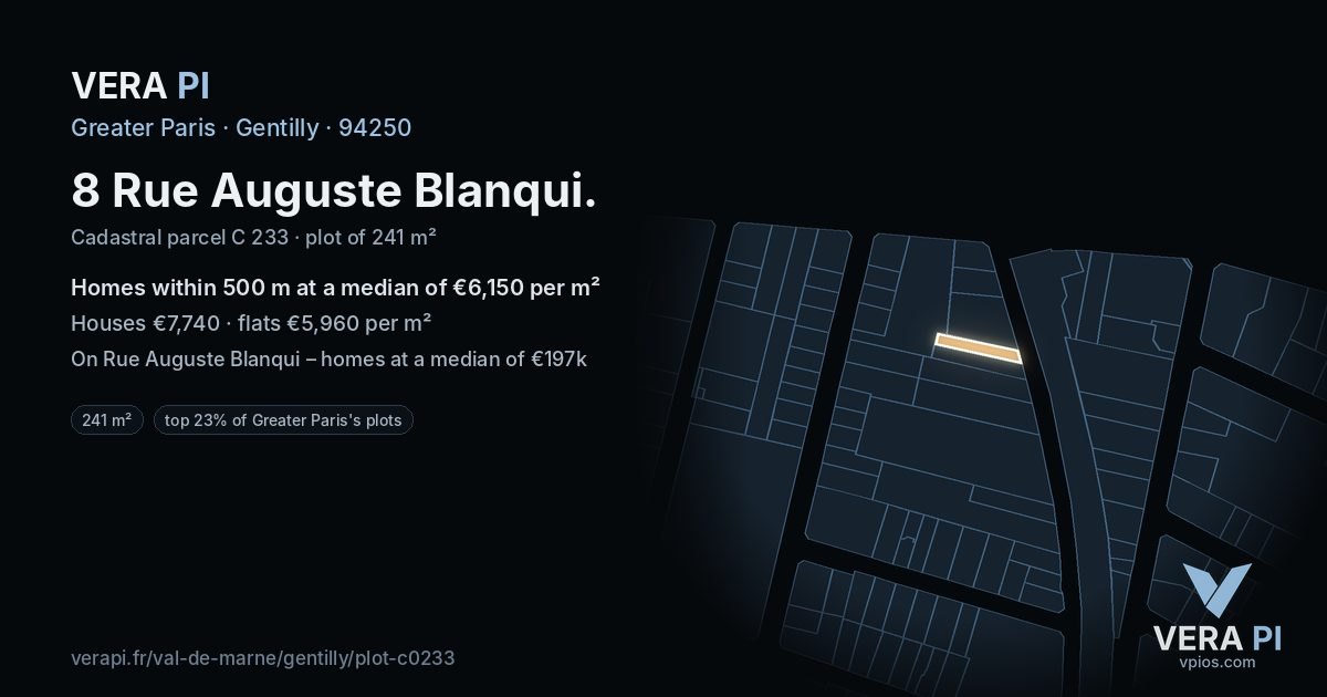 8 Rue Auguste Blanqui, Gentilly at night – the plot lit, the parcels around coloured by the prices near them