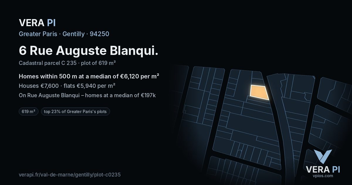 6 Rue Auguste Blanqui, Gentilly at night – the plot lit, the parcels around coloured by the prices near them
