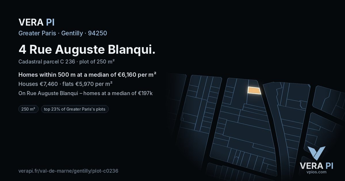 4 Rue Auguste Blanqui, Gentilly at night – the plot lit, the parcels around coloured by the prices near them