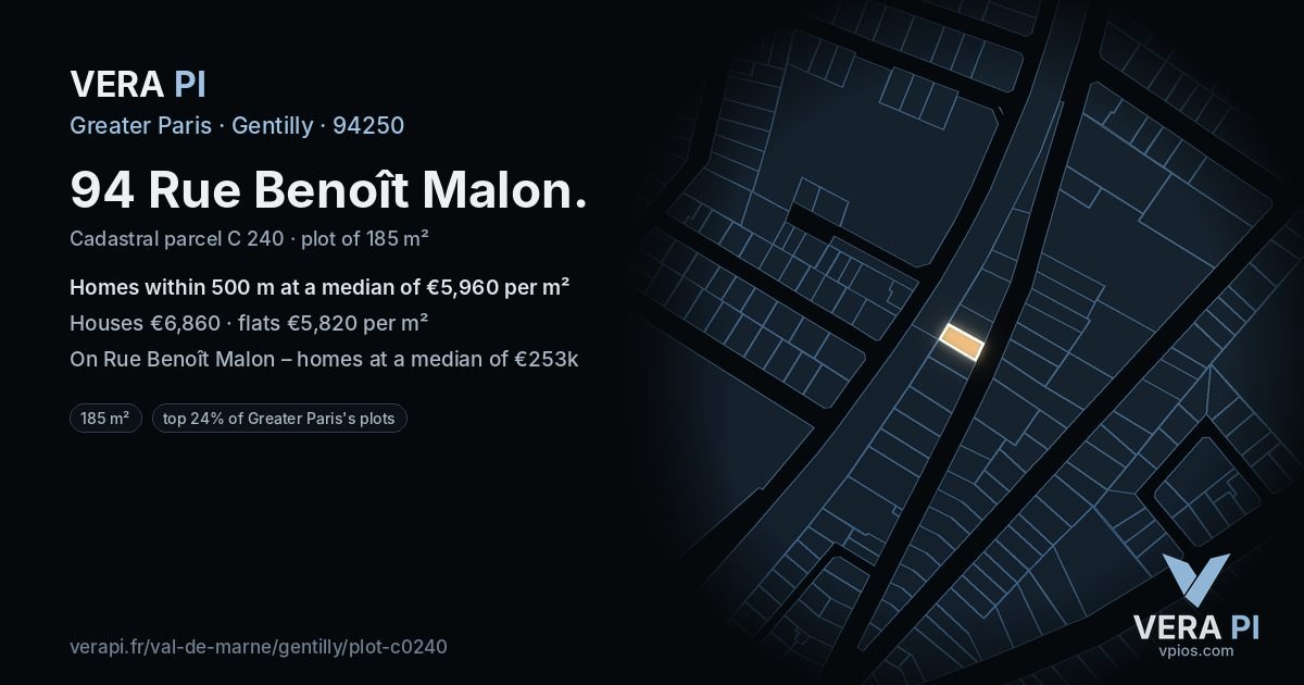 94 Rue Benoît Malon, Gentilly at night – the plot lit, the parcels around coloured by the prices near them