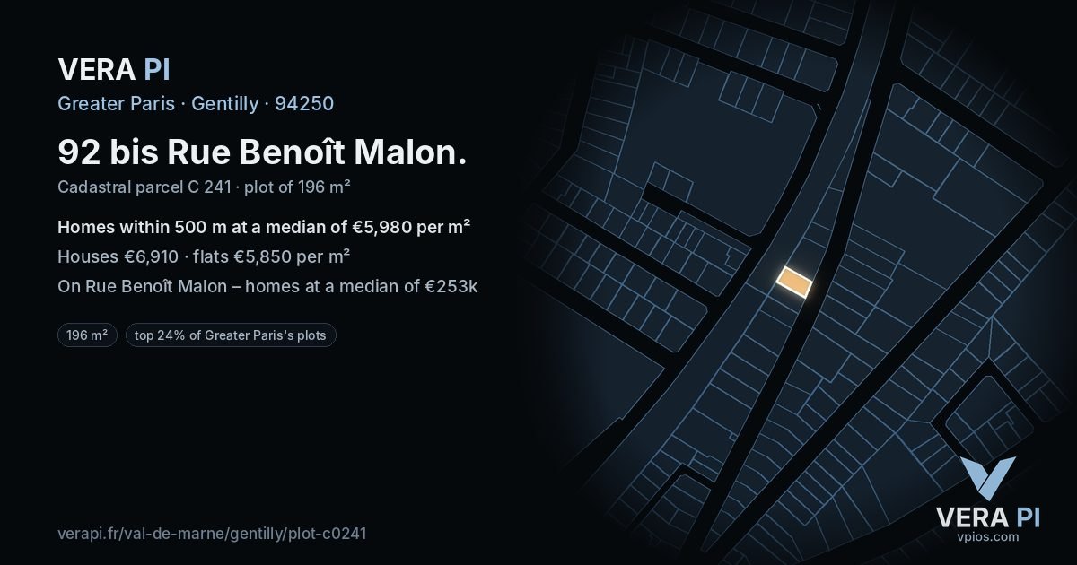 92 bis Rue Benoît Malon, Gentilly at night – the plot lit, the parcels around coloured by the prices near them