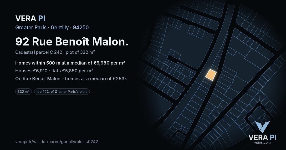 92 Rue Benoît Malon, Gentilly at night – the plot lit, the parcels around coloured by the prices near them