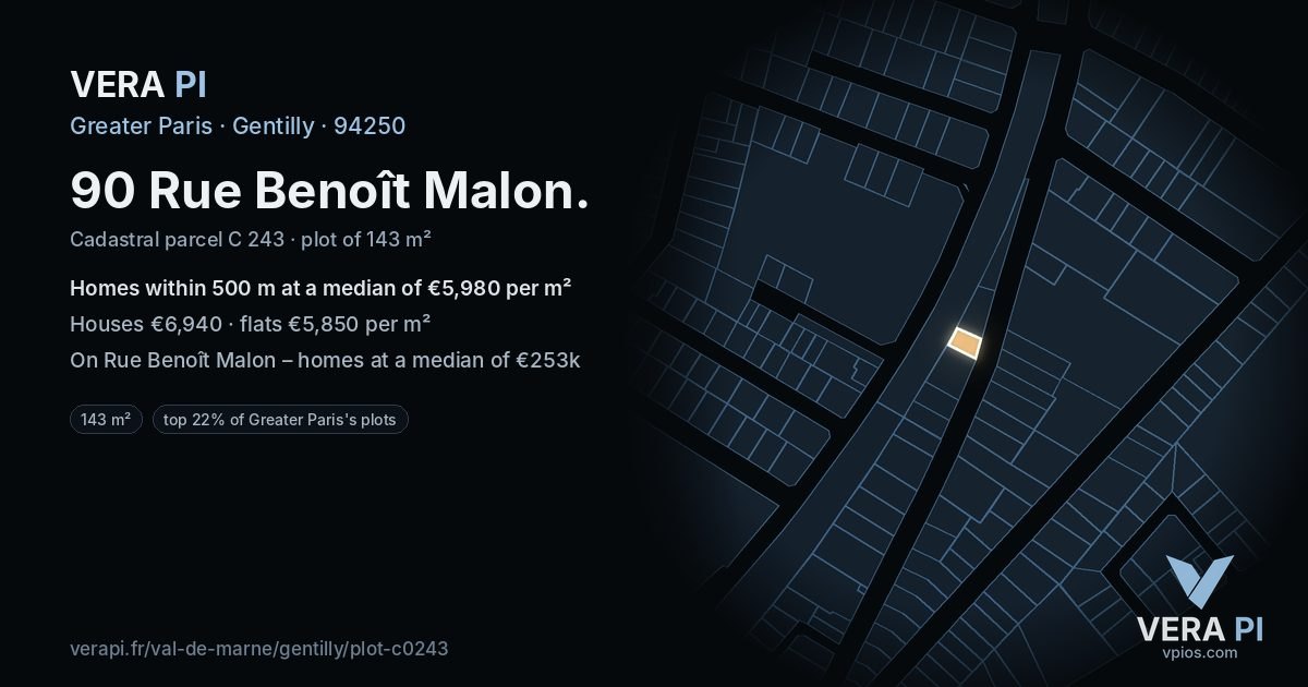 90 Rue Benoît Malon, Gentilly at night – the plot lit, the parcels around coloured by the prices near them