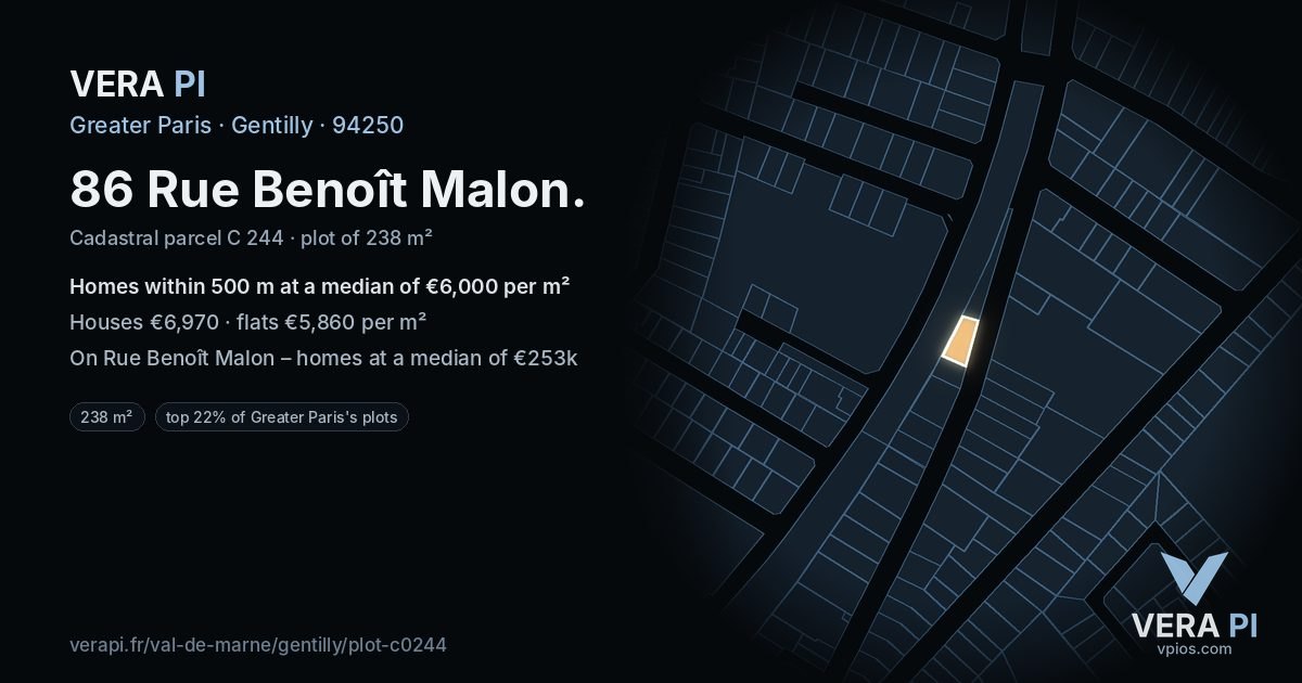 86 Rue Benoît Malon, Gentilly at night – the plot lit, the parcels around coloured by the prices near them
