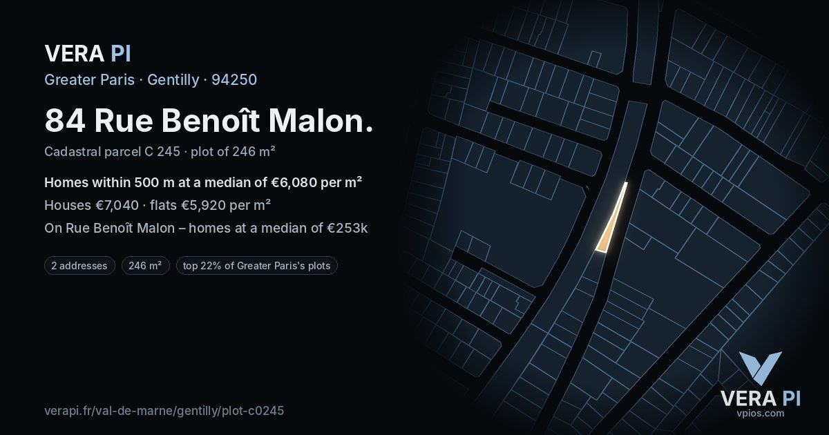 84 Rue Benoît Malon, Gentilly at night – the plot lit, the parcels around coloured by the prices near them