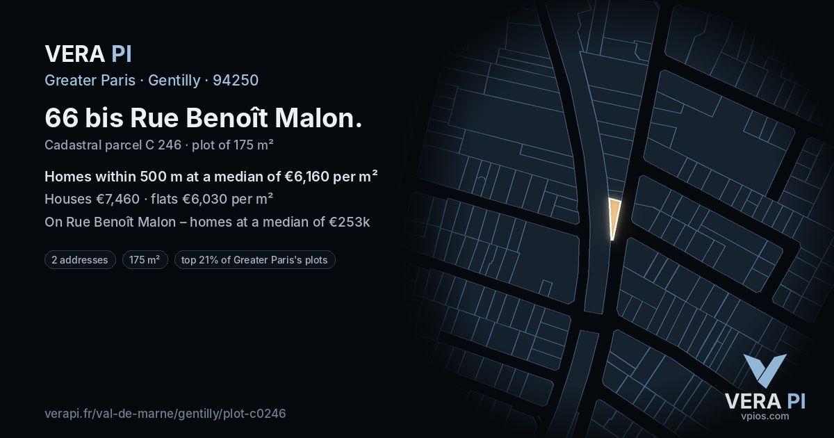 66 bis Rue Benoît Malon, Gentilly at night – the plot lit, the parcels around coloured by the prices near them