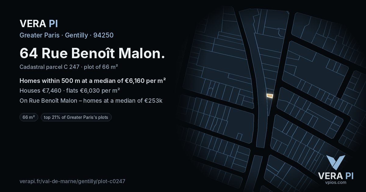 64 Rue Benoît Malon, Gentilly at night – the plot lit, the parcels around coloured by the prices near them