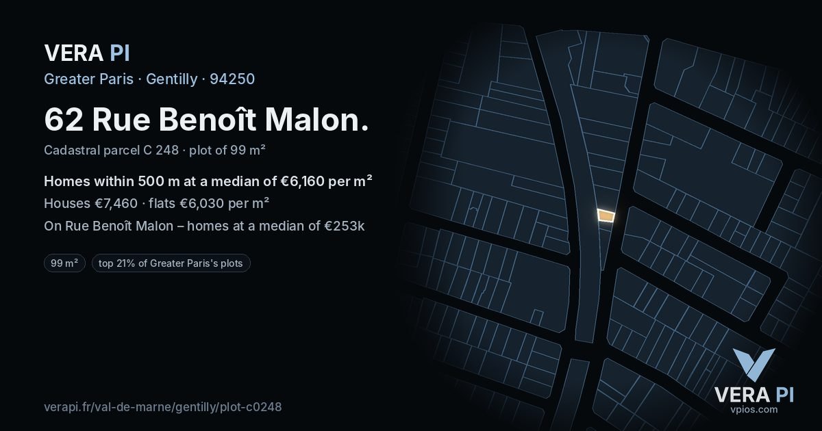 62 Rue Benoît Malon, Gentilly at night – the plot lit, the parcels around coloured by the prices near them
