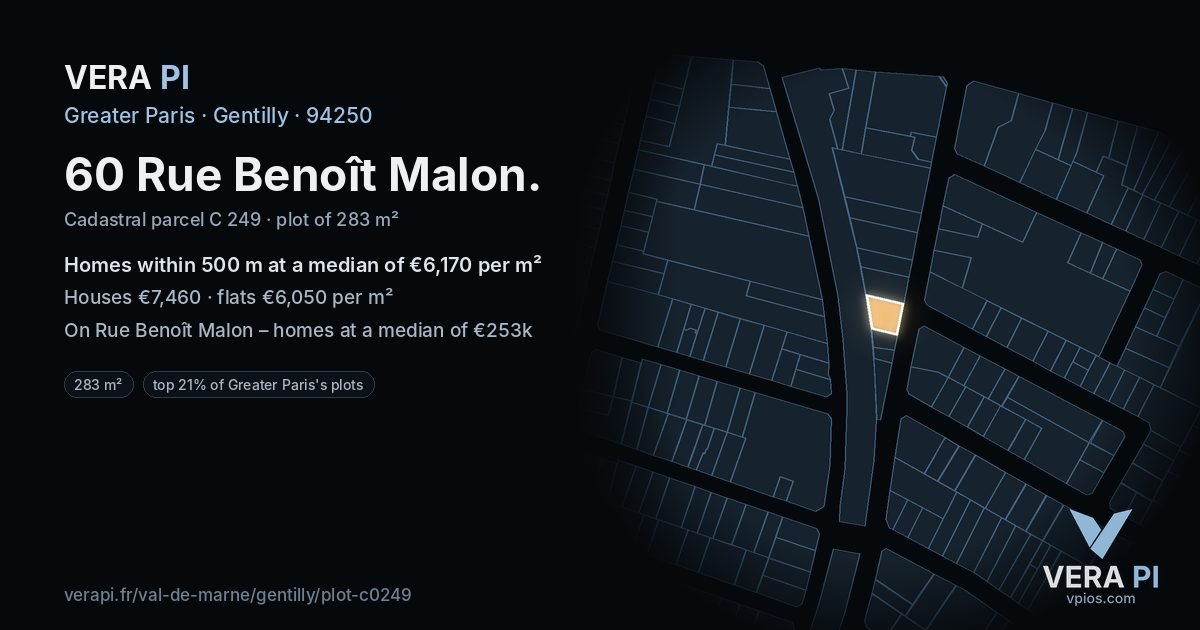 60 Rue Benoît Malon, Gentilly at night – the plot lit, the parcels around coloured by the prices near them