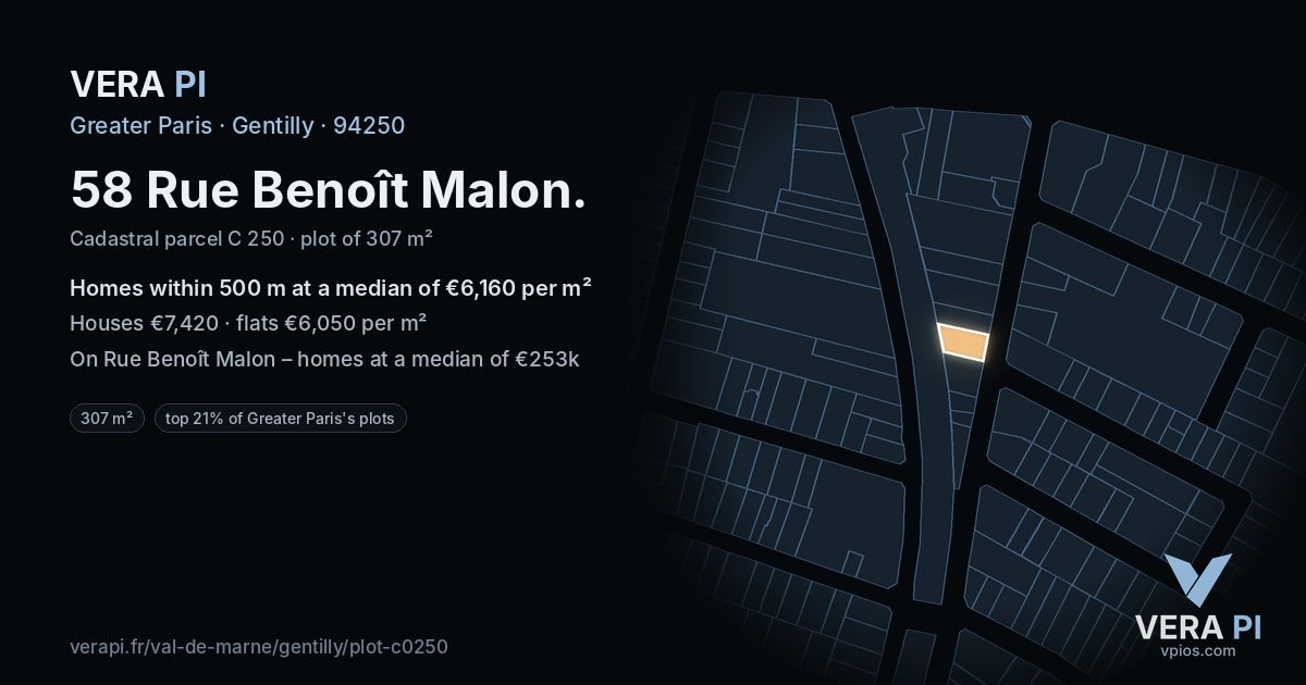 58 Rue Benoît Malon, Gentilly at night – the plot lit, the parcels around coloured by the prices near them