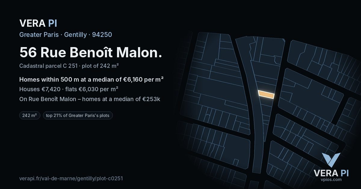56 Rue Benoît Malon, Gentilly at night – the plot lit, the parcels around coloured by the prices near them