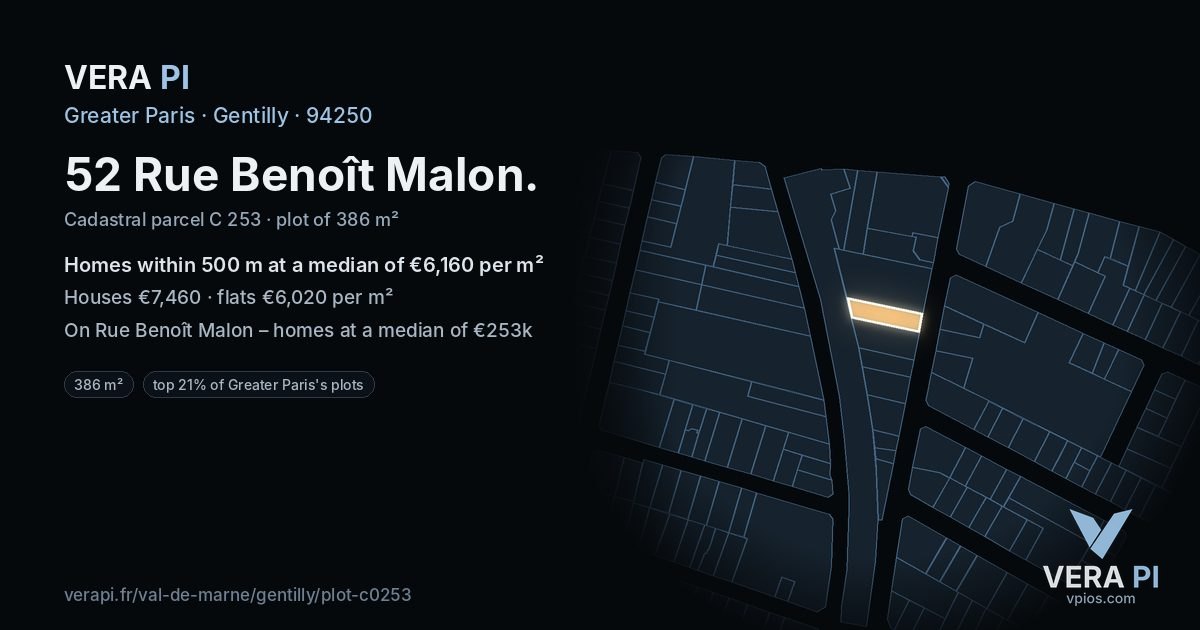 52 Rue Benoît Malon, Gentilly at night – the plot lit, the parcels around coloured by the prices near them