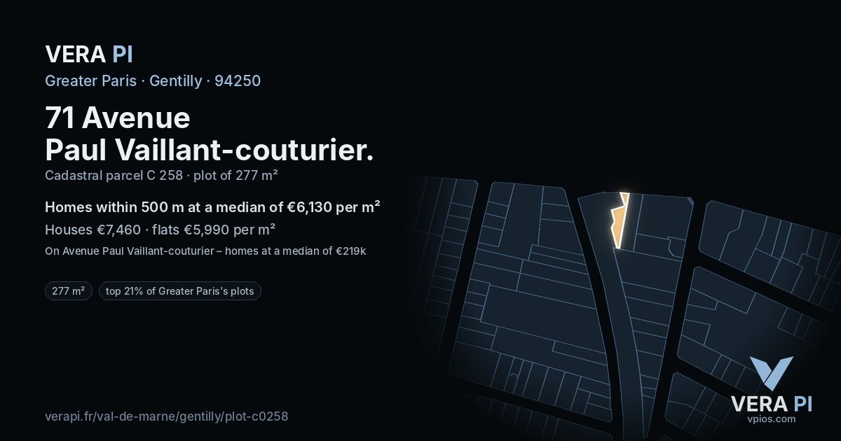 71 Avenue Paul Vaillant-couturier, Gentilly at night – the plot lit, the parcels around coloured by the prices near them