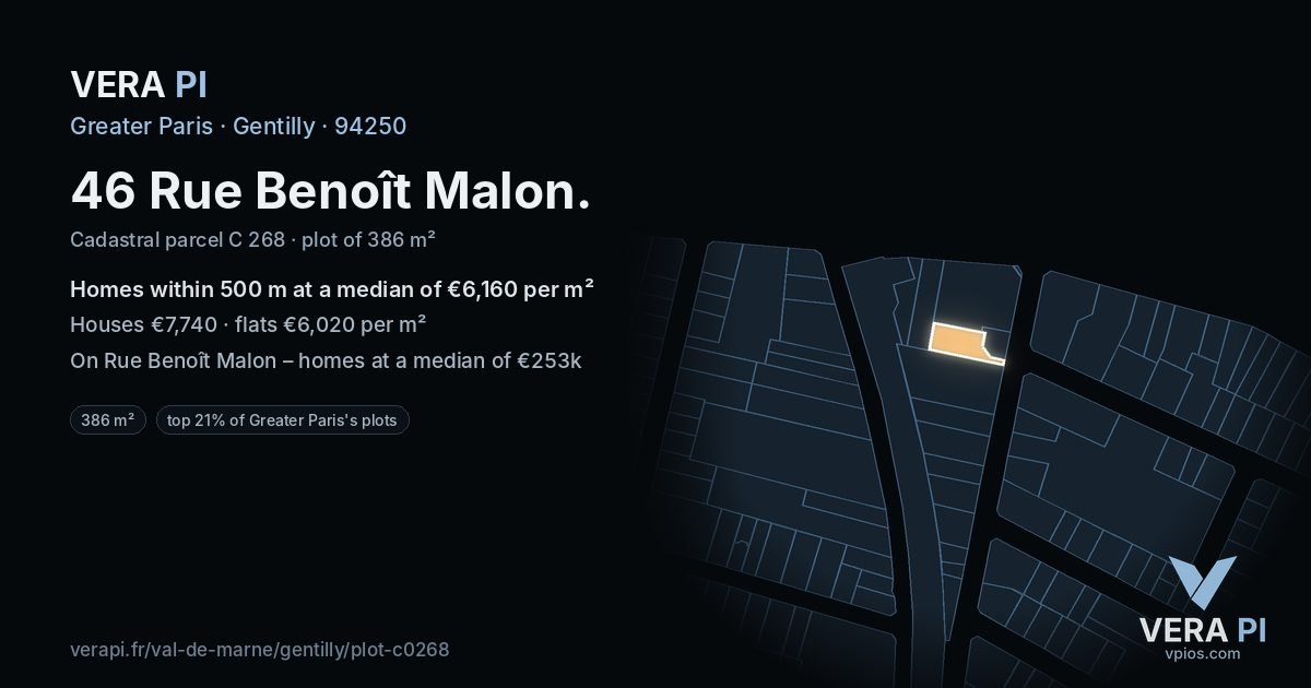 46 Rue Benoît Malon, Gentilly at night – the plot lit, the parcels around coloured by the prices near them