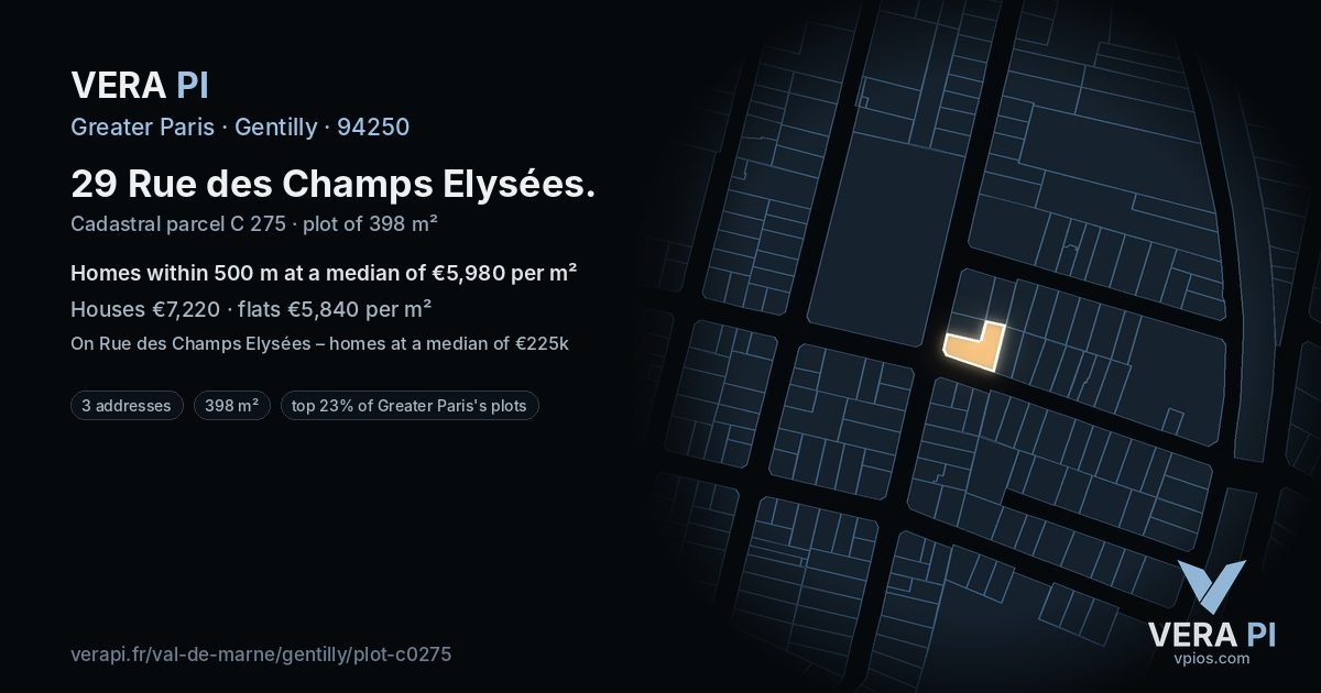 29 Rue des Champs Elysées, Gentilly at night – the plot lit, the parcels around coloured by the prices near them