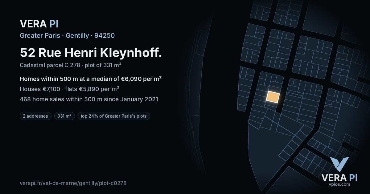 52 Rue Henri Kleynhoff, Gentilly at night – the plot lit, the parcels around coloured by the prices near them