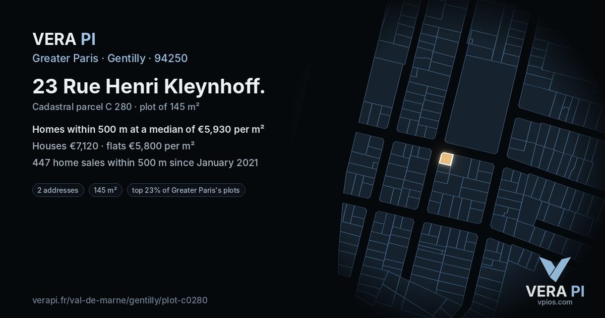 23 Rue Henri Kleynhoff, Gentilly at night – the plot lit, the parcels around coloured by the prices near them