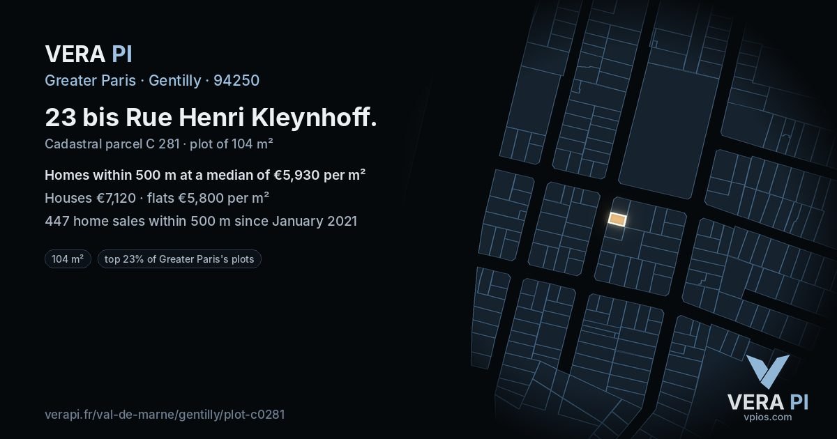 23 bis Rue Henri Kleynhoff, Gentilly at night – the plot lit, the parcels around coloured by the prices near them