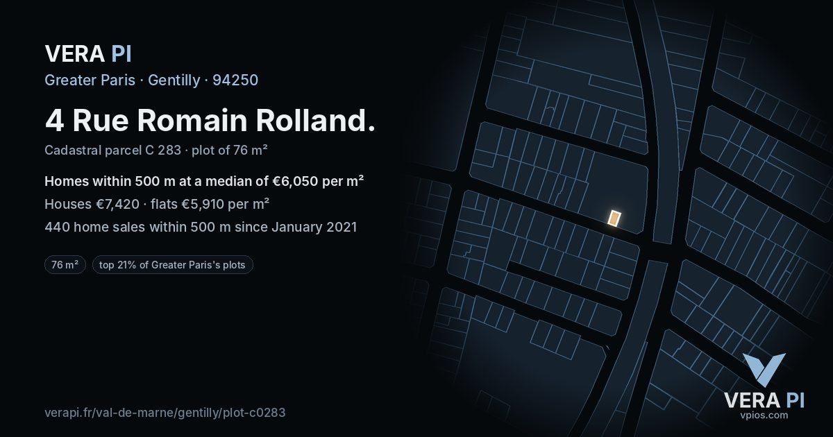 4 Rue Romain Rolland, Gentilly at night – the plot lit, the parcels around coloured by the prices near them