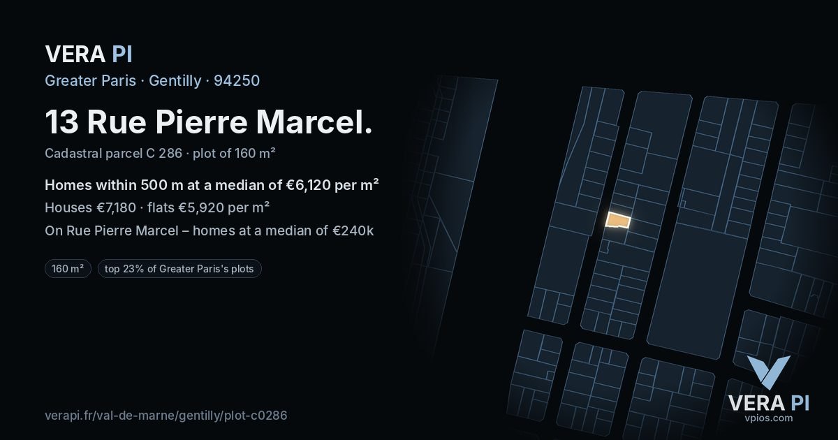 13 Rue Pierre Marcel, Gentilly at night – the plot lit, the parcels around coloured by the prices near them