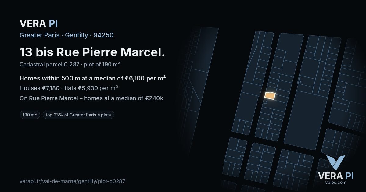 13 bis Rue Pierre Marcel, Gentilly at night – the plot lit, the parcels around coloured by the prices near them