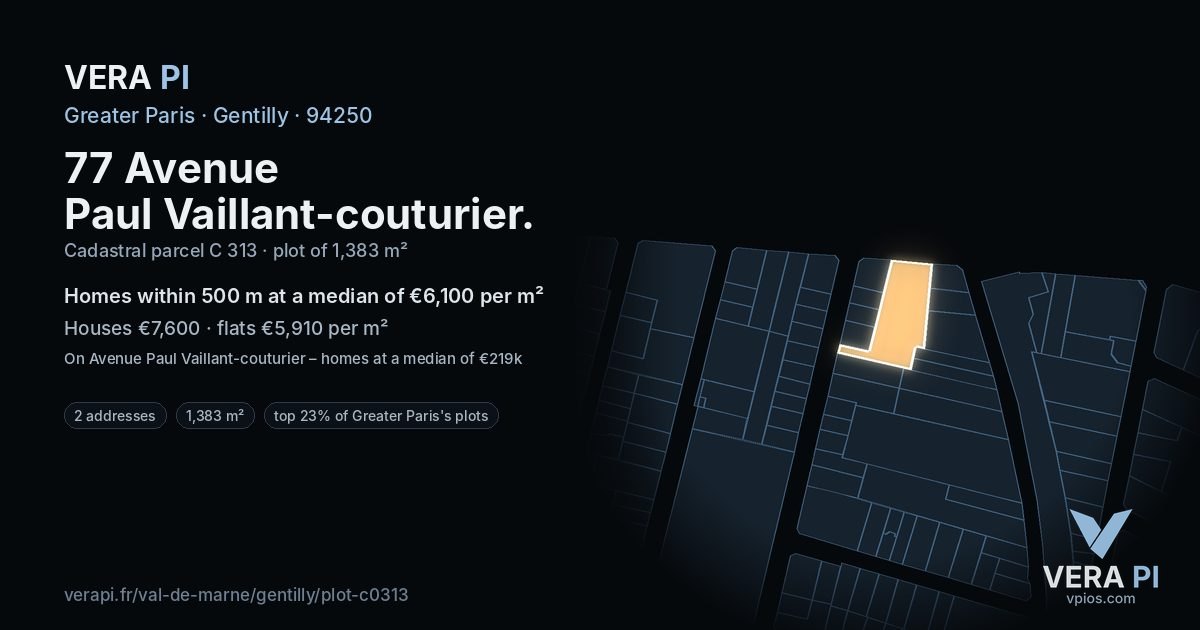 77 Avenue Paul Vaillant-couturier, Gentilly at night – the plot lit, the parcels around coloured by the prices near them