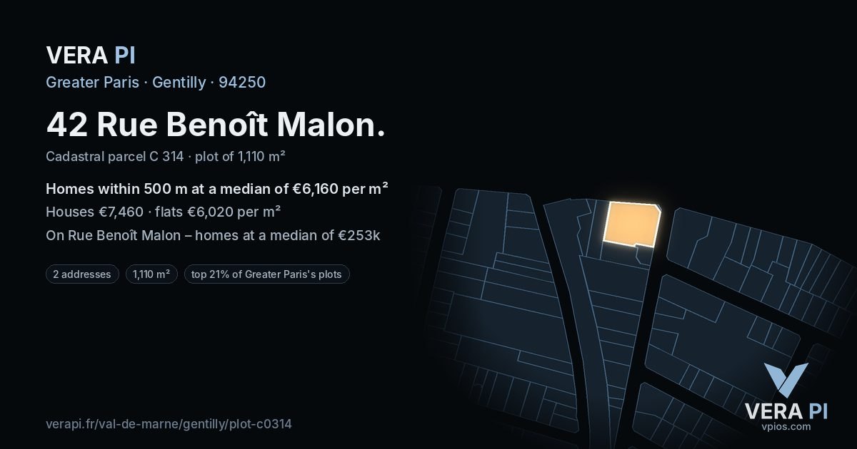 42 Rue Benoît Malon, Gentilly at night – the plot lit, the parcels around coloured by the prices near them