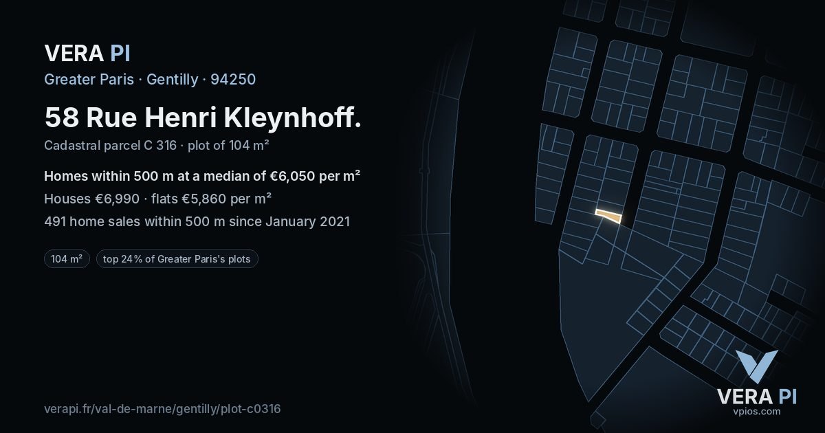 58 Rue Henri Kleynhoff, Gentilly at night – the plot lit, the parcels around coloured by the prices near them