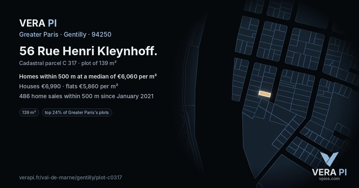 56 Rue Henri Kleynhoff, Gentilly at night – the plot lit, the parcels around coloured by the prices near them