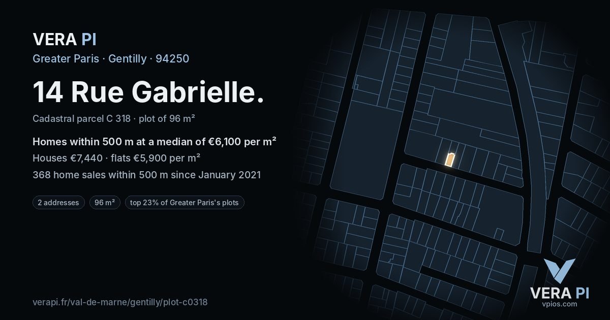 14 Rue Gabrielle, Gentilly at night – the plot lit, the parcels around coloured by the prices near them