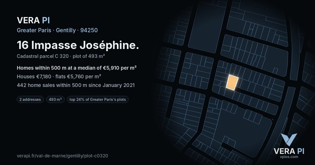 16 Impasse Joséphine, Gentilly at night – the plot lit, the parcels around coloured by the prices near them