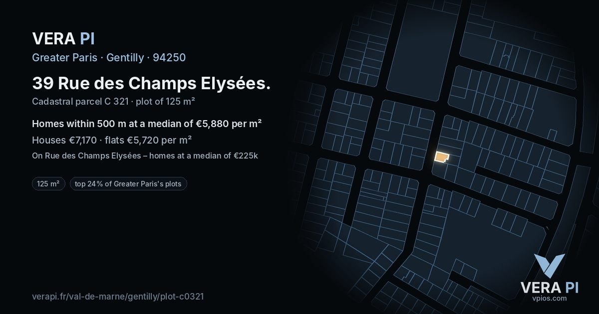 39 Rue des Champs Elysées, Gentilly at night – the plot lit, the parcels around coloured by the prices near them