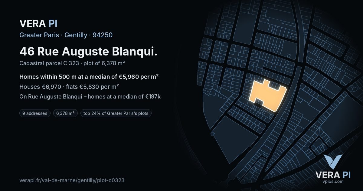 46 Rue Auguste Blanqui, Gentilly at night – the plot lit, the parcels around coloured by the prices near them