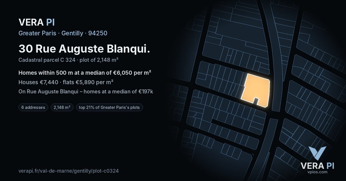 30 Rue Auguste Blanqui, Gentilly at night – the plot lit, the parcels around coloured by the prices near them