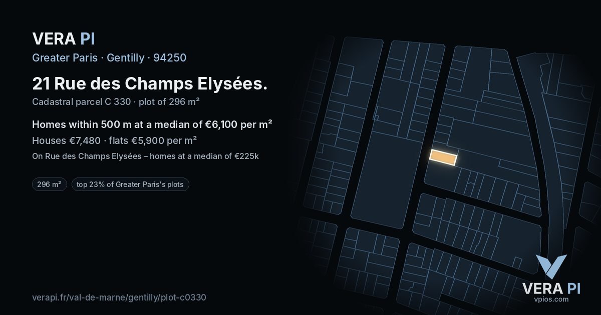 21 Rue des Champs Elysées, Gentilly at night – the plot lit, the parcels around coloured by the prices near them
