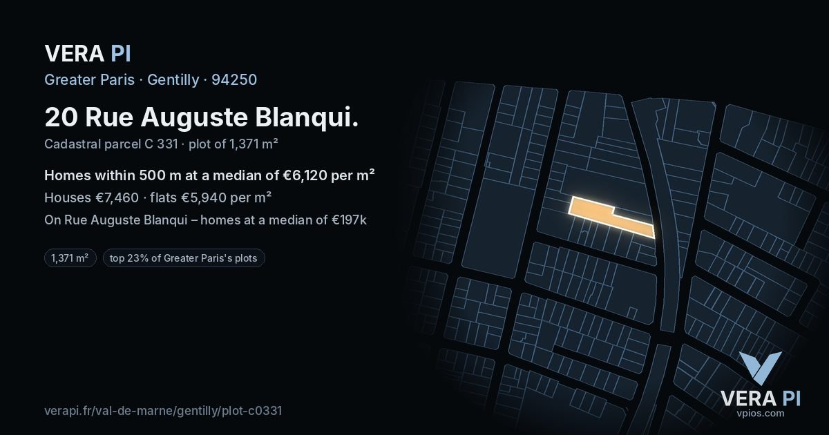 20 Rue Auguste Blanqui, Gentilly at night – the plot lit, the parcels around coloured by the prices near them