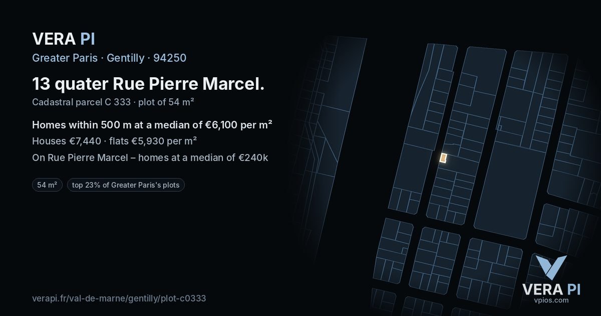 13 quater Rue Pierre Marcel, Gentilly at night – the plot lit, the parcels around coloured by the prices near them