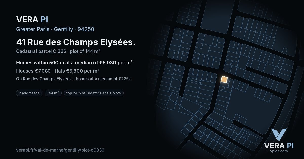 41 Rue des Champs Elysées, Gentilly at night – the plot lit, the parcels around coloured by the prices near them