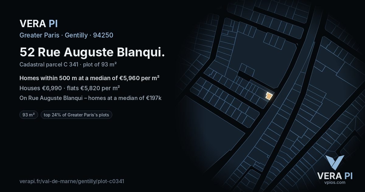 52 Rue Auguste Blanqui, Gentilly at night – the plot lit, the parcels around coloured by the prices near them