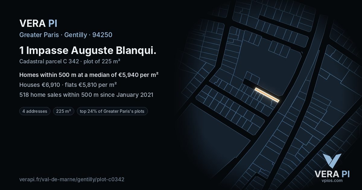 1 Impasse Auguste Blanqui, Gentilly at night – the plot lit, the parcels around coloured by the prices near them