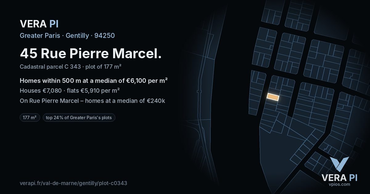 45 Rue Pierre Marcel, Gentilly at night – the plot lit, the parcels around coloured by the prices near them