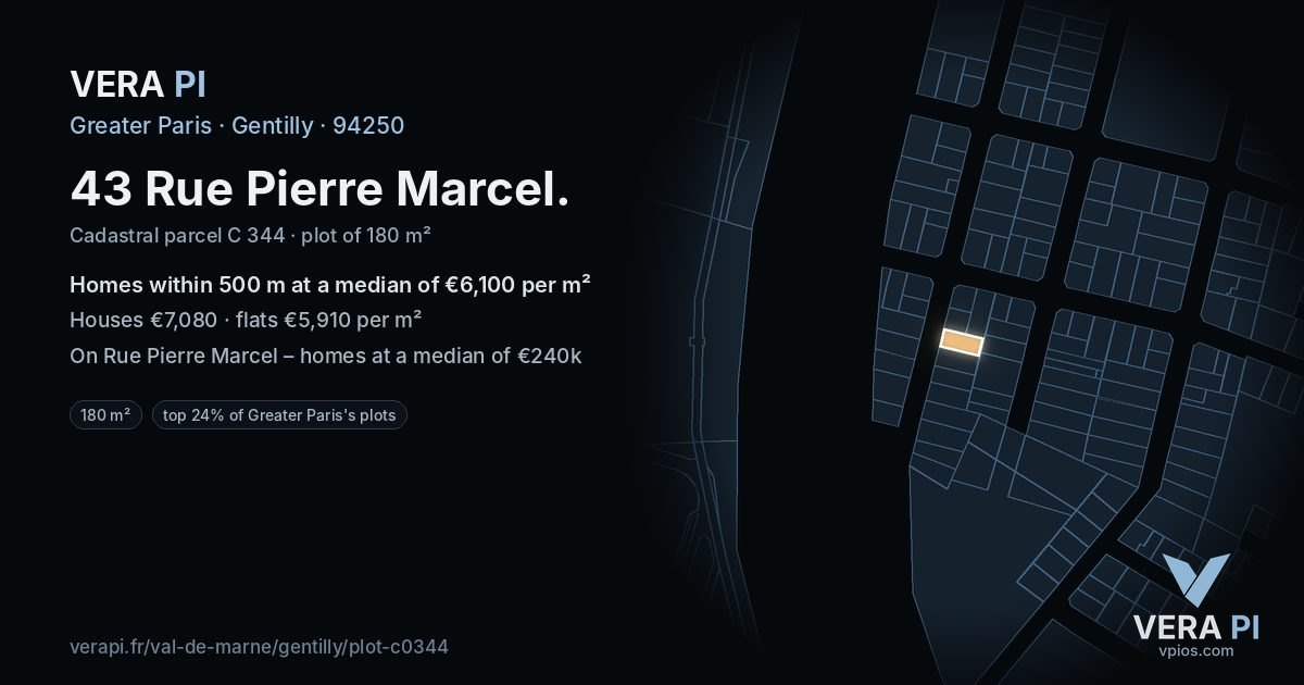 43 Rue Pierre Marcel, Gentilly at night – the plot lit, the parcels around coloured by the prices near them