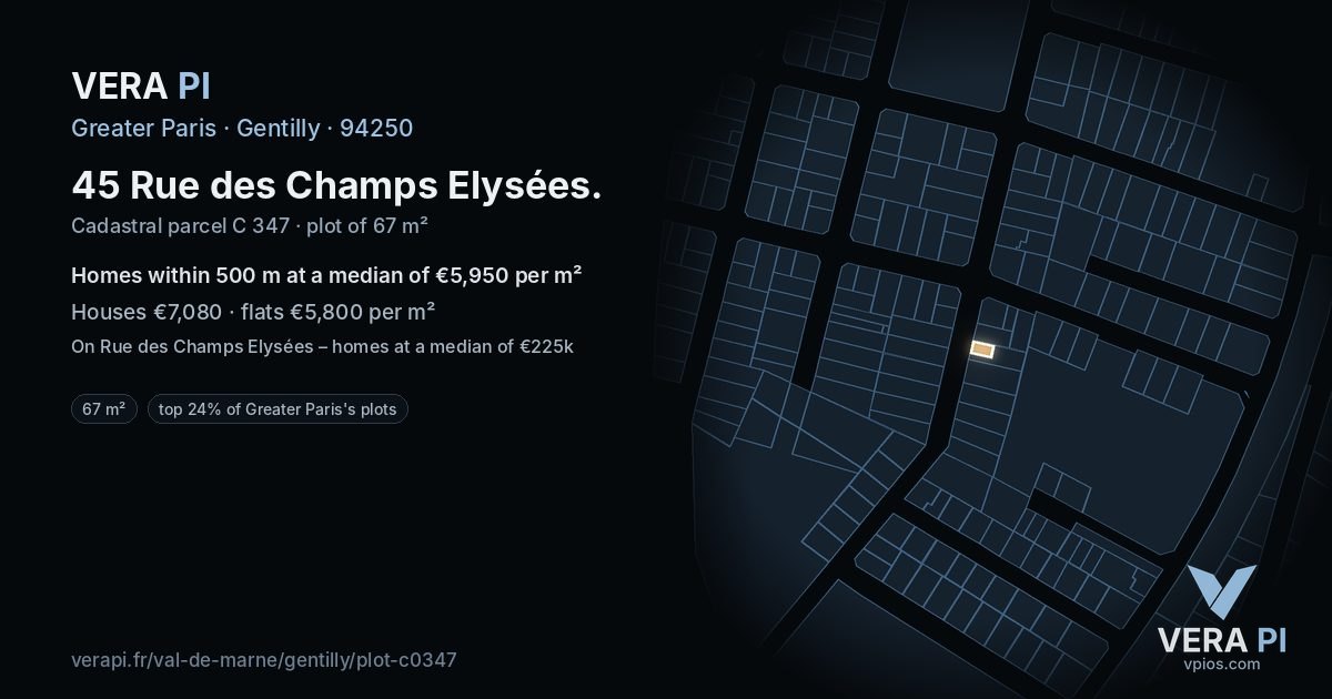 45 Rue des Champs Elysées, Gentilly at night – the plot lit, the parcels around coloured by the prices near them