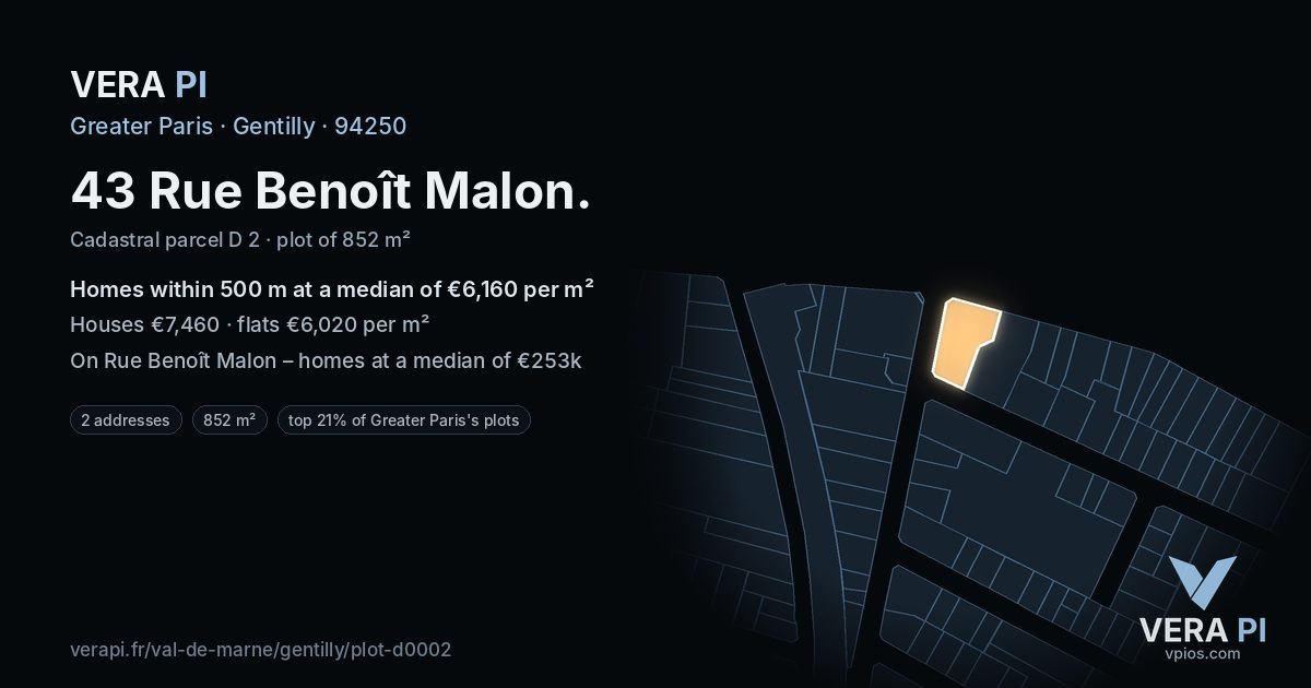 43 Rue Benoît Malon, Gentilly at night – the plot lit, the parcels around coloured by the prices near them