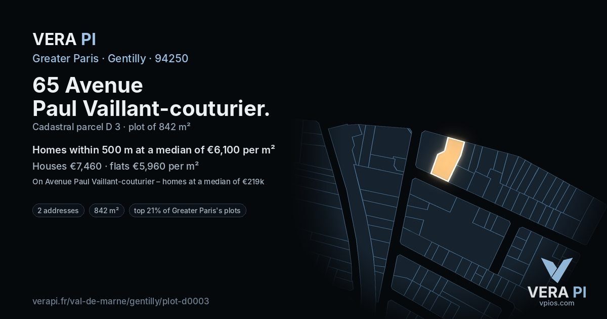 65 Avenue Paul Vaillant-couturier, Gentilly at night – the plot lit, the parcels around coloured by the prices near them