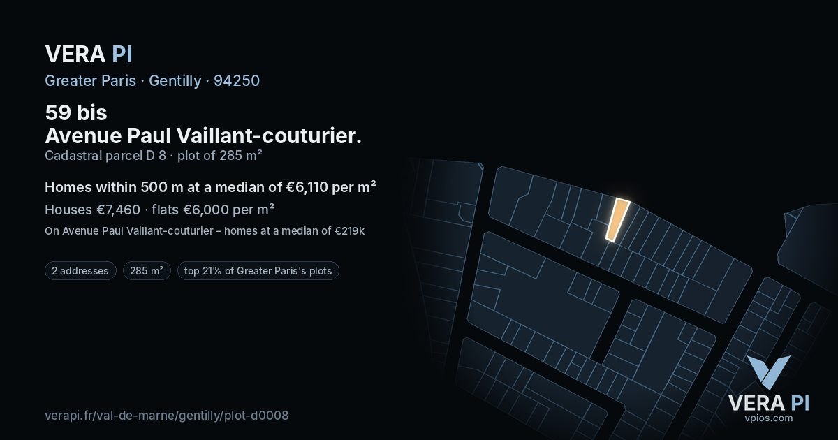 59 bis Avenue Paul Vaillant-couturier, Gentilly at night – the plot lit, the parcels around coloured by the prices near them
