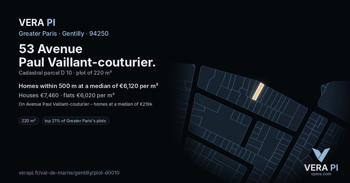 53 Avenue Paul Vaillant-couturier, Gentilly at night – the plot lit, the parcels around coloured by the prices near them
