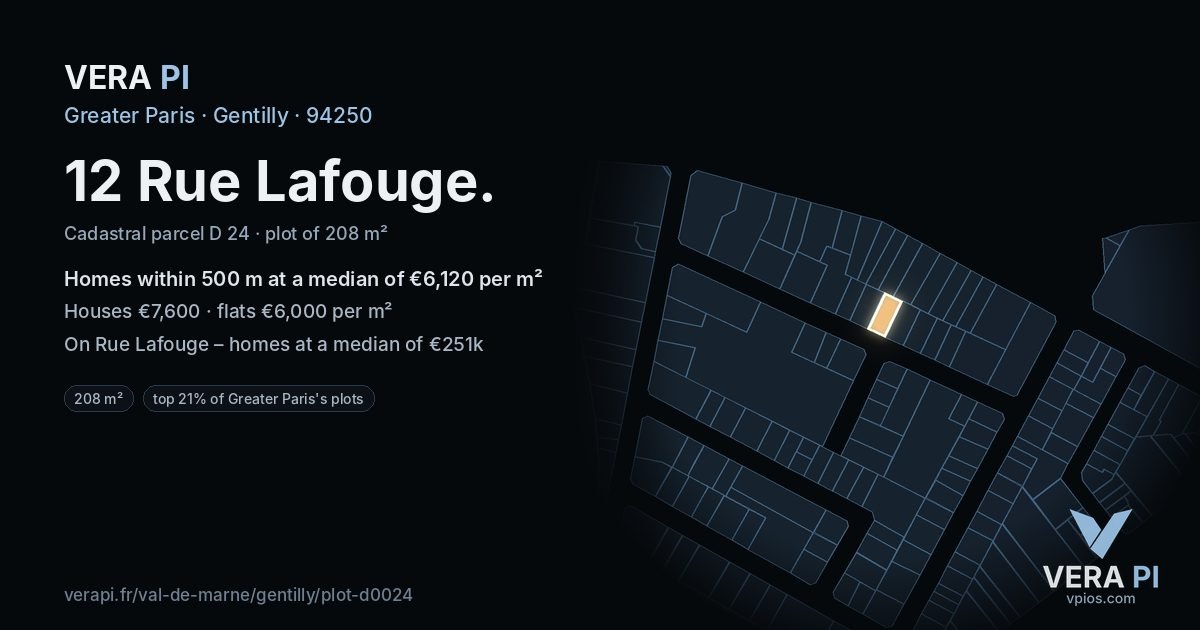 12 Rue Lafouge, Gentilly at night – the plot lit, the parcels around coloured by the prices near them