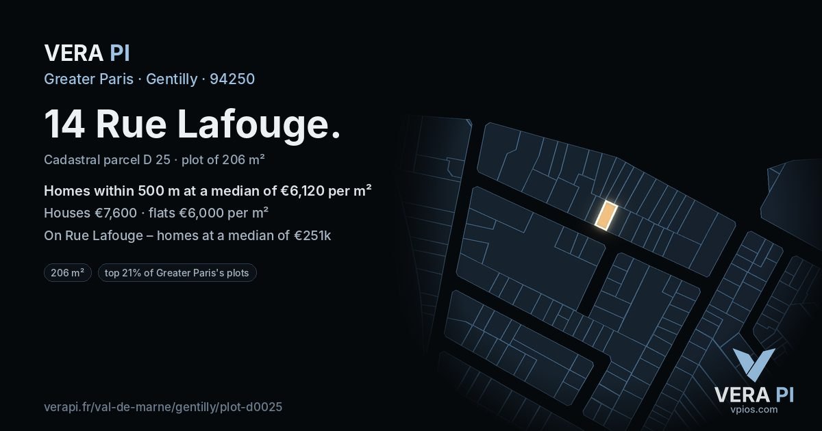 14 Rue Lafouge, Gentilly at night – the plot lit, the parcels around coloured by the prices near them