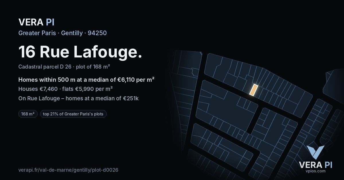 16 Rue Lafouge, Gentilly at night – the plot lit, the parcels around coloured by the prices near them